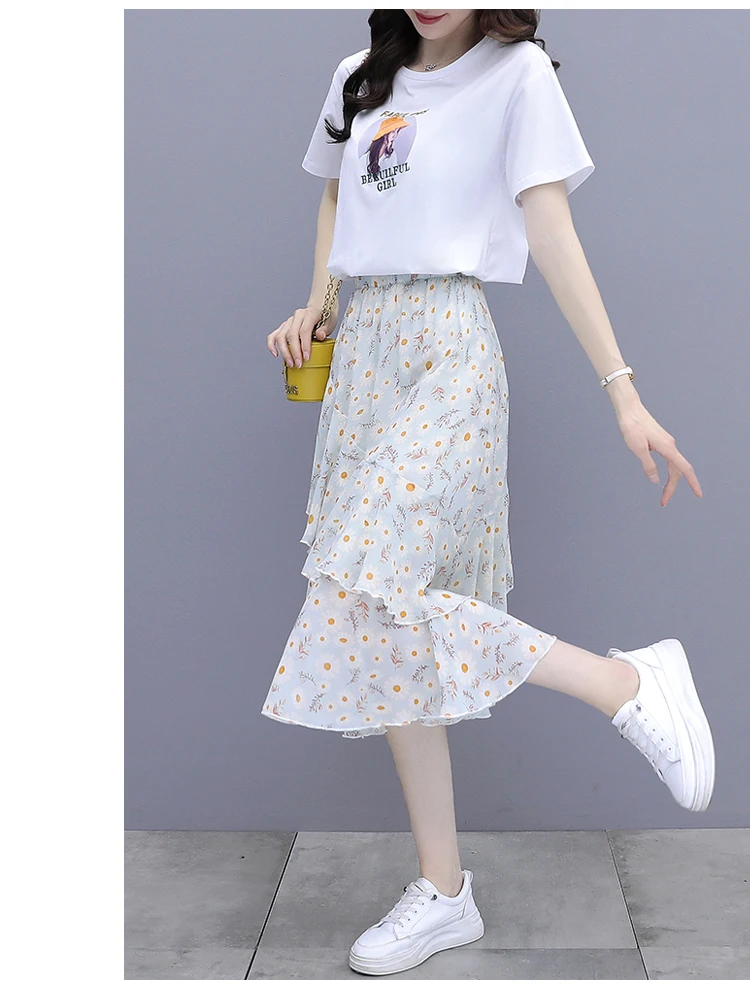 feminino estilo coreano, de chiffon, floral, cintura alta, saia midi