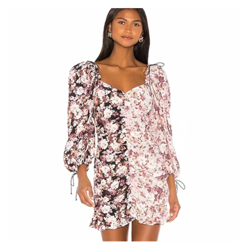 

Vintage Floral Print Mini Pleated Autumn Ruffles Dress Women Square Collar Long Sleeve Female Short Dresses Causal vestidos 2019