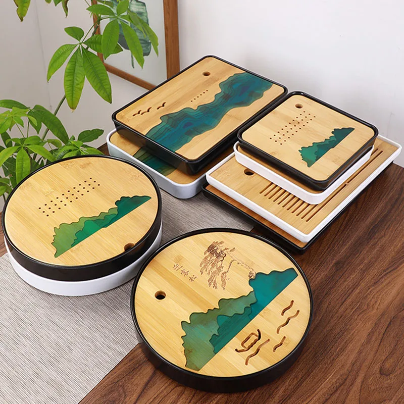 1Pcs High-grade Tea Tray Melamine Bamboo Drainage Water Storage Kung Fu Set Room Board Table Chinese Culture Cup | Дом и сад