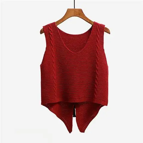

Red NEW Tailed Spring Korean V-neck Knit Sleeveless Sweater Short Vest Loose Coat Tops Waistcoat Lady Top Cloth for Women girl