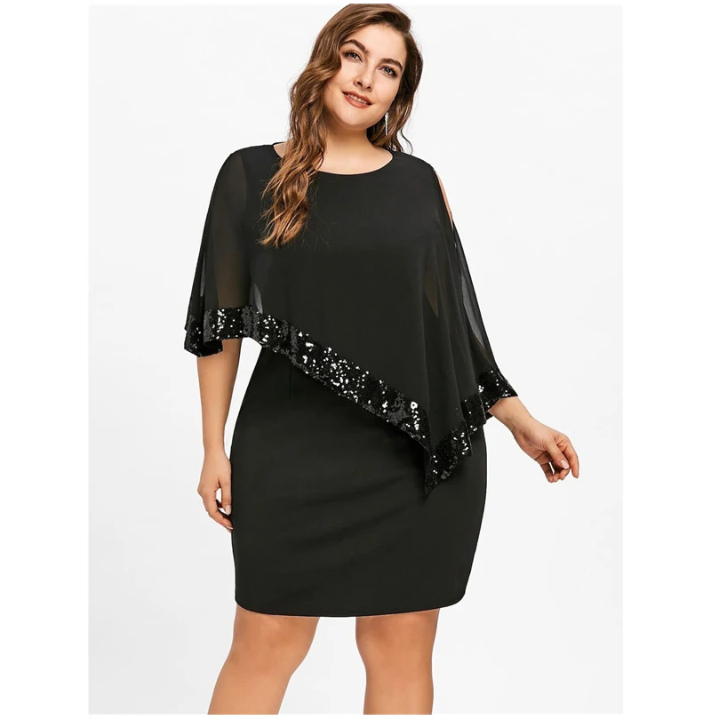 New Fashion Women's O Neck Cloak Sleeve Dress Sequined Slim Dress Ladies Casual Mini Dress Evening Party Dress Summer Plus Size