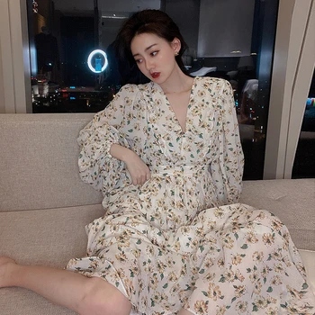 

Loose Chiffon Print Pattern Dress Fashion New Women 2020 Spring High Waist Chiffon Small Fresh Casual Style Loose Dress DMY3929