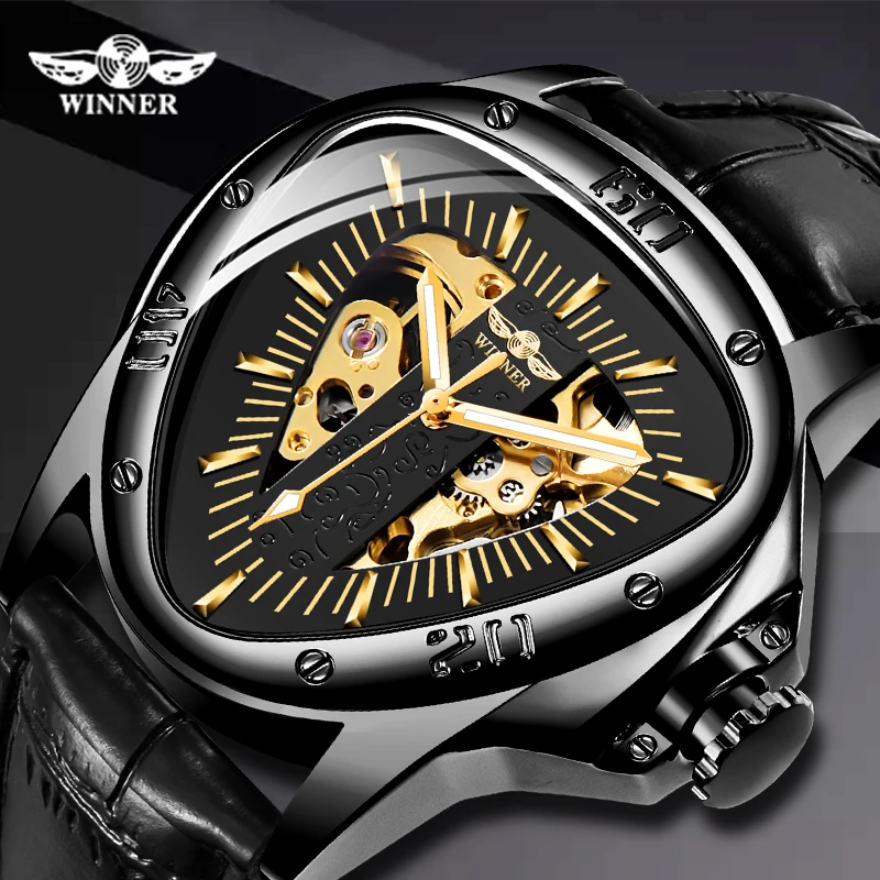 

Winner Brand Hollow Leather Strap Automatic Mechanical Men Clock Racing Sports Design Triangle Dial Skeleton Wrist Watches