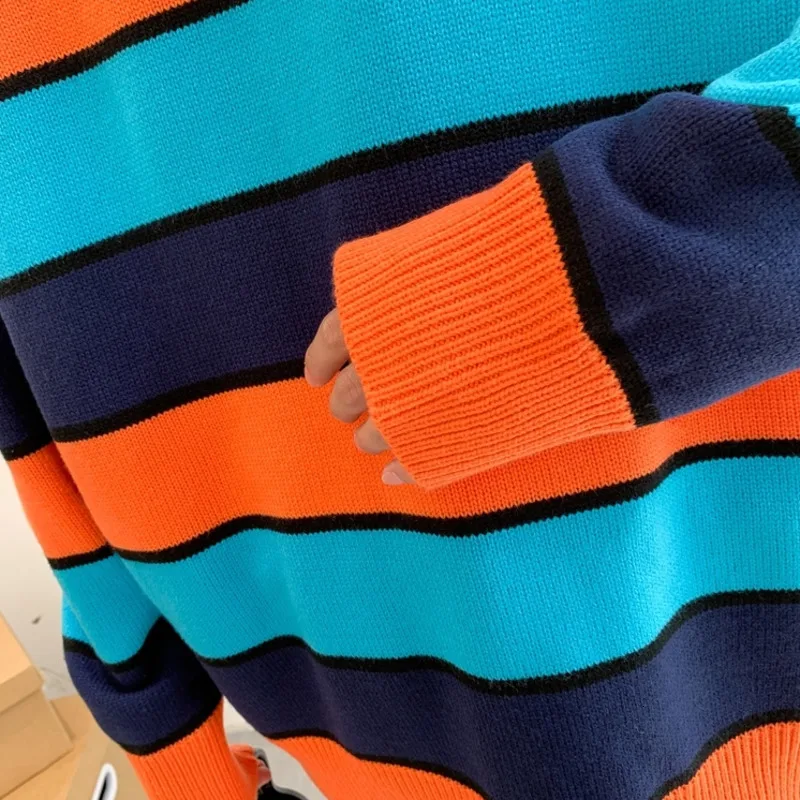 Winter Striped Sweater Men Warm Fashion Contrast Color Casual Knit Pullover Men Streetwear Loose Long-sleeved Sweter Clothes Man