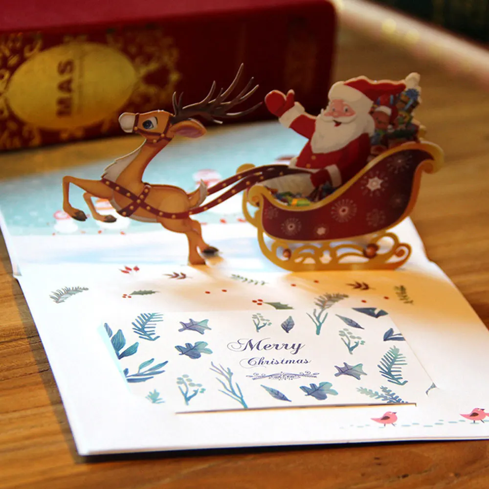 Colorful Elk Carriage Card Invitations Blessing New Christmas Postcard Handmade Deer Car Creative Wishes 3D Greeting Card Event