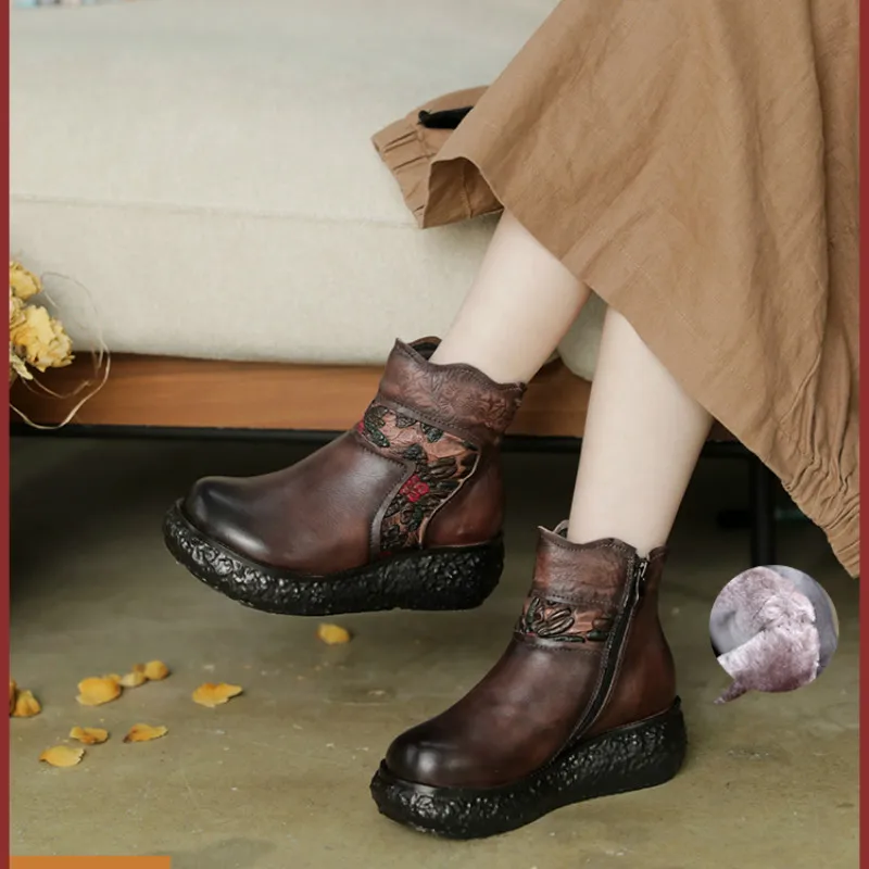 

Women Leather Boots Winter Warm Shoes Women High Heels Wedge Women embroidery Snow Boots Handmade Genuine Leather Ankle Boots