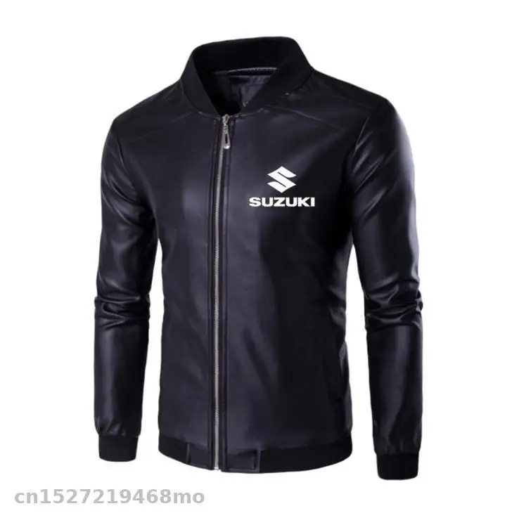 Мотоциклетная куртка из искусственной кожи для suzuki с воротником-стойкой и карманами на молнии, мужская куртка, пальто из искусственной кожи, модная верхняя одежда - Цвет: Черный
