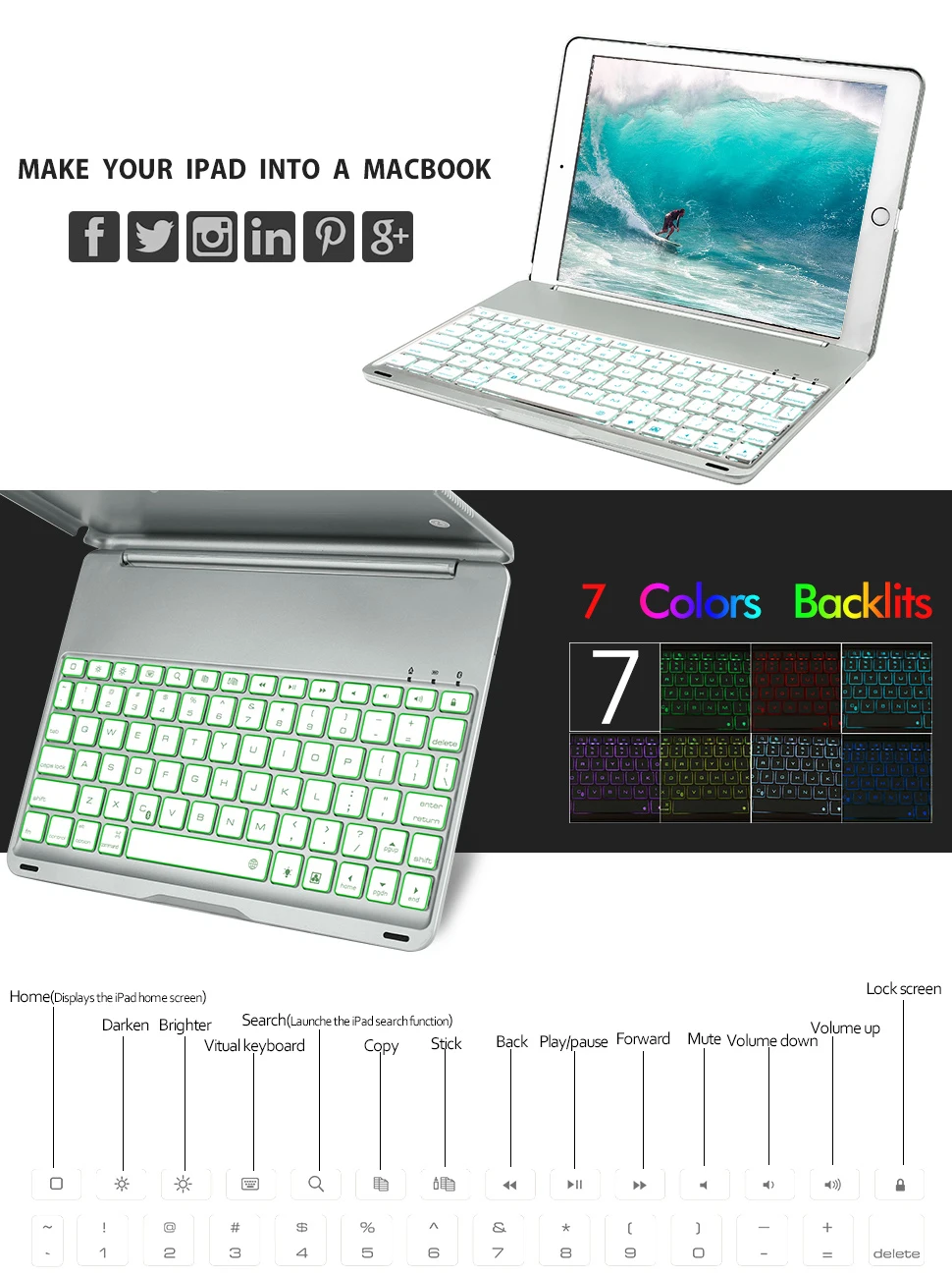 7 цветов, светодиодный bluetooth-планшет с подсветкой, клавиатура с защитным чехлом для iPad 9,", новинка, F8S/iPad 5th/6th Generation/iPad Air