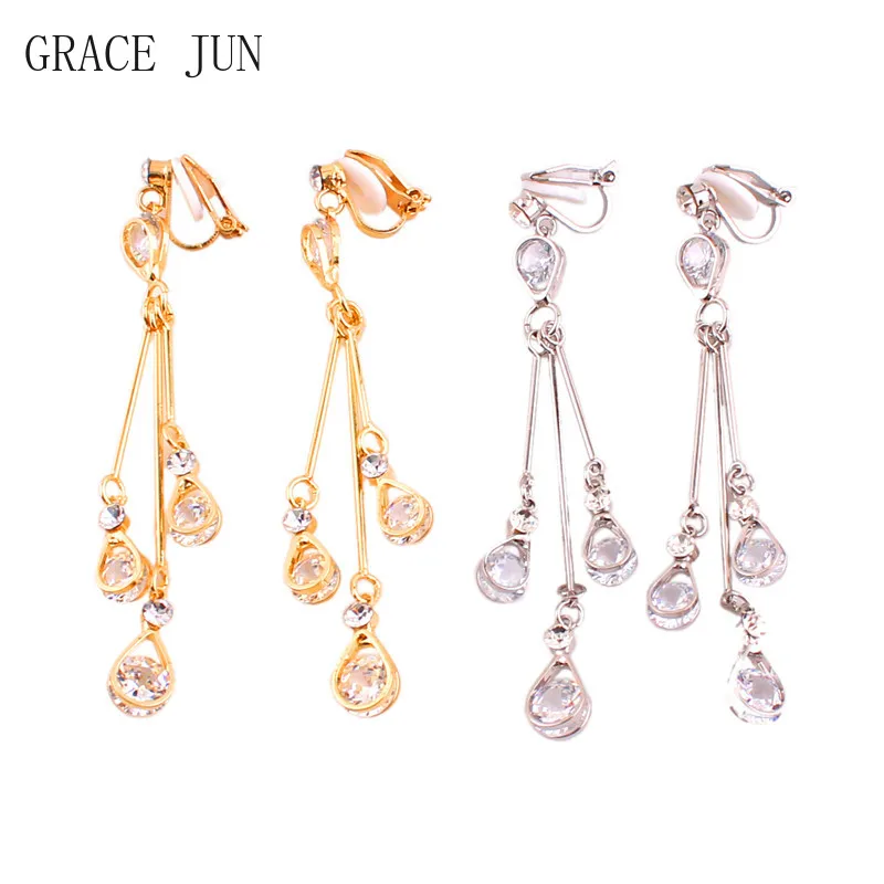 

GRACE JUN Korea Style Dangle Drop Clip on Earrings for Women Bridal Wedding Popular Cubic Zircon Teardrop Cuff Earrings Ear Clip