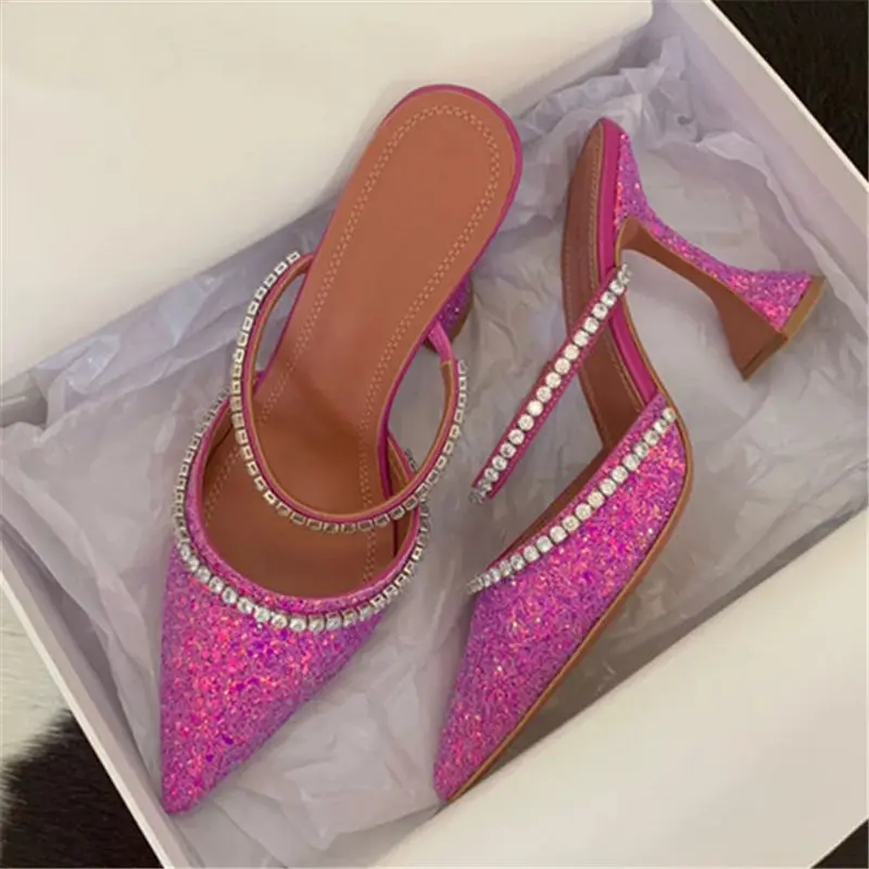 

Bling Crystal Pumps Woman Mules New Summer Strange Style Slip on High-Heeled Shoes Women Pointed Toe Rhinestone High Heels Pumps