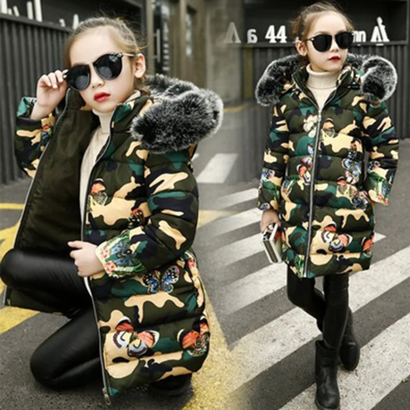 

-20 degrees girls winter coat Long Padded camouflage Jacket kids Warm Thicken Hooded fur Coats Teen Outwear children's park