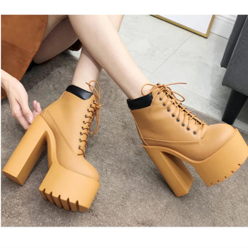 

Fashion Spring Autumn Platform Ankle Boots Women Lace Up Thick Heel Platform Boots Ladies Worker Boots 5 Color NW4030