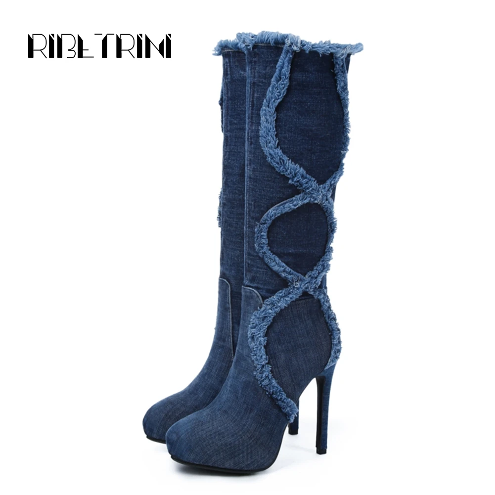 

RIBETRINI Women Thin High Heels Denim Boots Autumn Winter Round Toe Knee High Boots Platform Denim Boots Fashion Zip Size 33-43