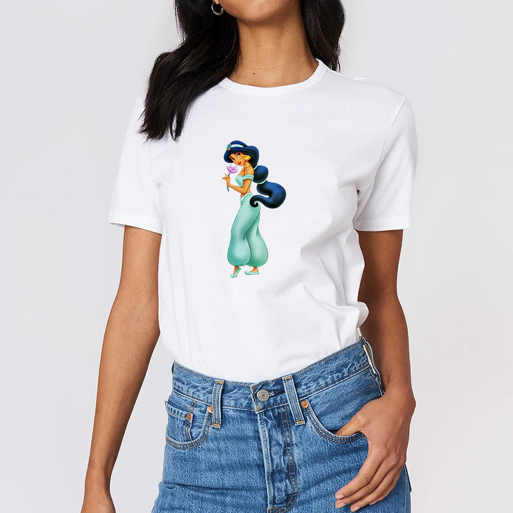 

Princess Jasmine Smells Flowers tshirt Oversize Girls Spring Summer T Shirt Harajuku Aesthetics Graphic White Round Neck T-shirt