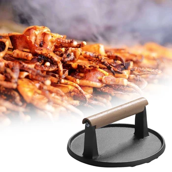 

Cooking Steak Stripe Bottom Barbecue Meat Press Plate Practical Burger Durable With Handle Kitchen Fried Cast Iron Tool Round
