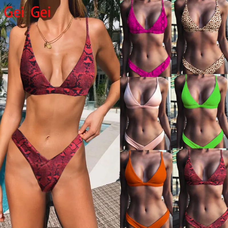 

9 colors sexy women pink bikini set gathered beach snakeskin print biquini swimsuit 2020 summer casual leopard femme swimwear