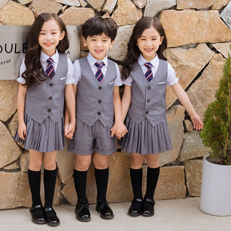 Children Korean School Uniform Boys Girls Pleated Skirt Vest Top Kids