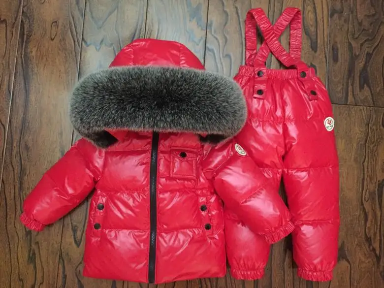 -30 1-14Y Russian Snowsuit Children Sets White Down Boys Waterproof Clothing Kids Coat Winter Jacket Girls Big Real Fur Parka