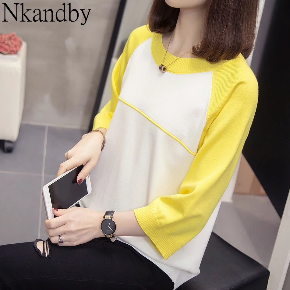 

Plus Size Knitted Tops Tees 2020 Spring Women Casual Loose Patchwork T-shirts Oversize Three Quarter Sleeve Tshirt Lady Knitwear