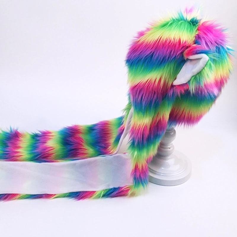 Women rainbow stripes furry animal hoodie hat 3 in 1 multifunctional winter hat,fashion hat,fur hat,earflap hat,faux fur hat
