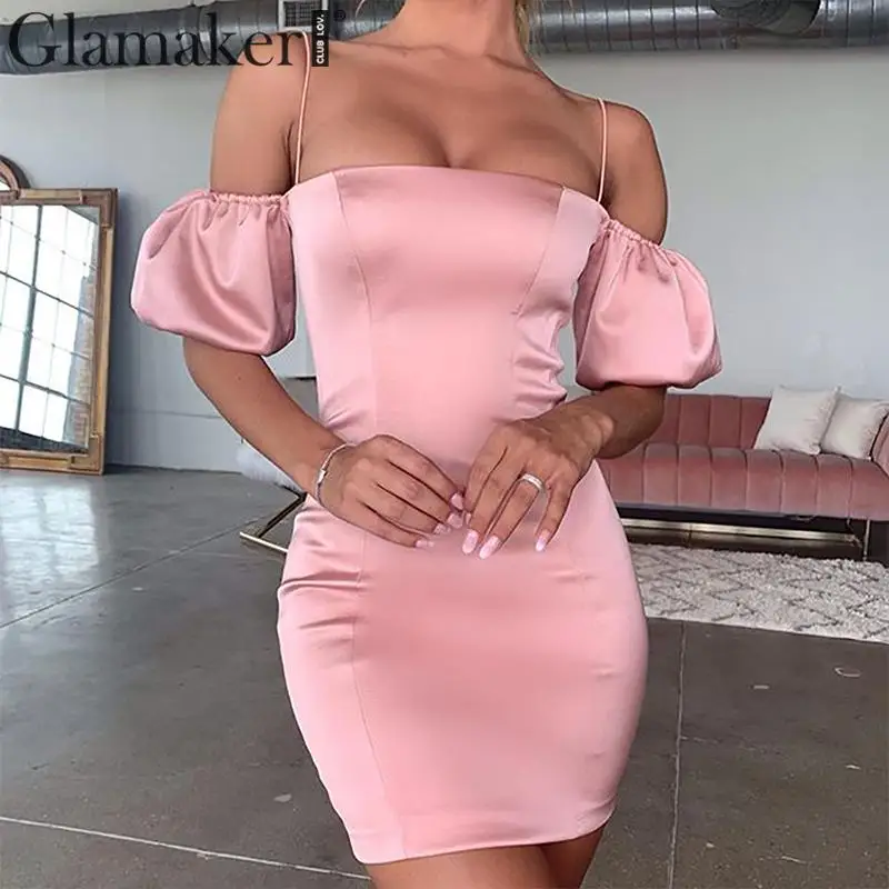 Glamaker, сексуальное сатиновое платье с рюшами, с открытой спиной, белое, vestidos, женское, розовое, с пышными рукавами, элегантное платье, осенняя мода, вечерние, короткое платье