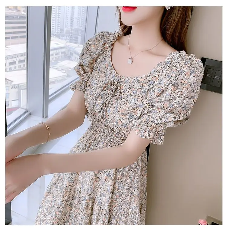 Short Sleeve Dresses Women Plus Size M-3XL Elastic Waist Floral Korean Style Vacation Summer Students Lady Sweet Girlish Female bridal shops near me