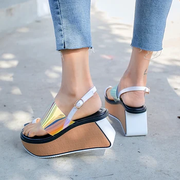 

Strange Wedge Heel Sandals Rainbow Color Transparent PVC Clear Thick Sole Platform Shoes Ladies Beach Sandals