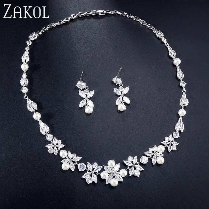 

ZAKOL Romantic Cubic Zirconia Imitation Pearl Flower Earrings Necklace Set Bridal Jewelry for Women Wedding Dinner Party FSSP454