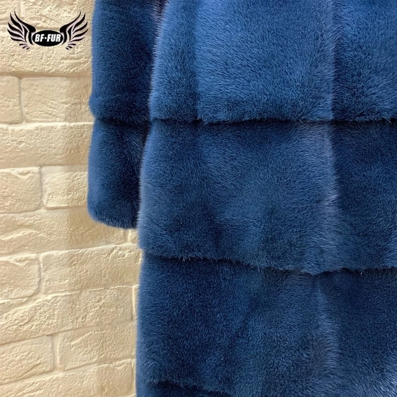 BFFUR, Женское пальто из натурального меха норки, пальто с отделкой из меха лисы, роскошный женский зимний наряд голубого цвета с поясом, парка в полоску с мехом