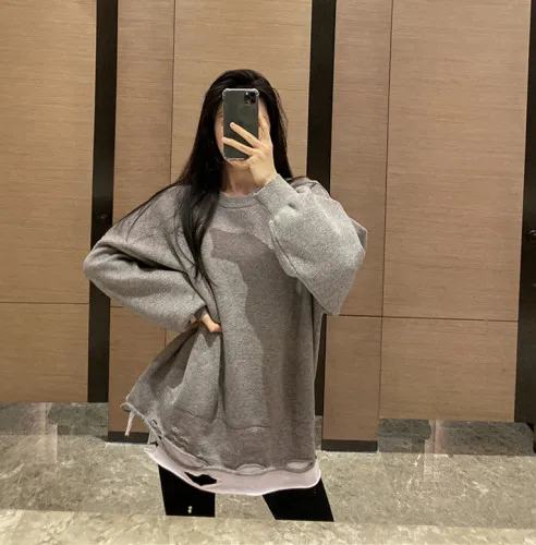 Серый Moda feminina Женская одежда с круглым вырезом в стиле пэчворк, простой Повседневный стиль, осенний Свободный пуловер с дырками, женские топы, толстовки - Цвет: Серый