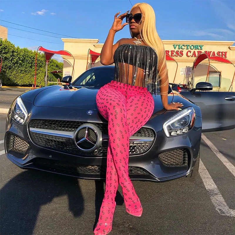 

QuanRun Symbol Print High Waist Slim Long Pants Sexy Casual Women Trousers Party Club Streetwear Spring