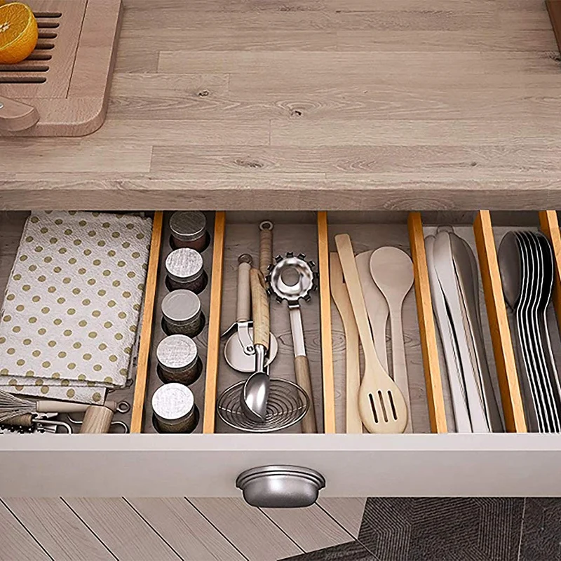 

Bamboo Kitchen Drawer Dividers - Adjustable Drawer Organization Separators for Kitchen, Bedroom, Bathroom and Office 4 Pack