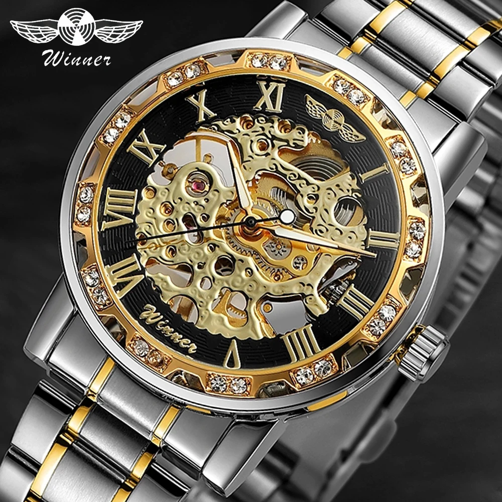 

WINNER Hollow Mechanical Mens Watches Top Brand Luxury Iced Out Crystal Fashion Punk Steel Wristwatch for Man 2019 Hot Clock