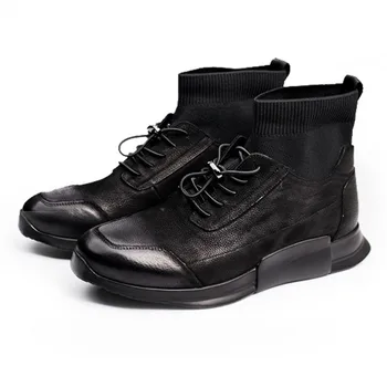 

Casual 2020 Designer Man Shoes Lace Up Genuine Leather Mens Luxury High Quality Round Toe Black Spring Autumn Work Boots