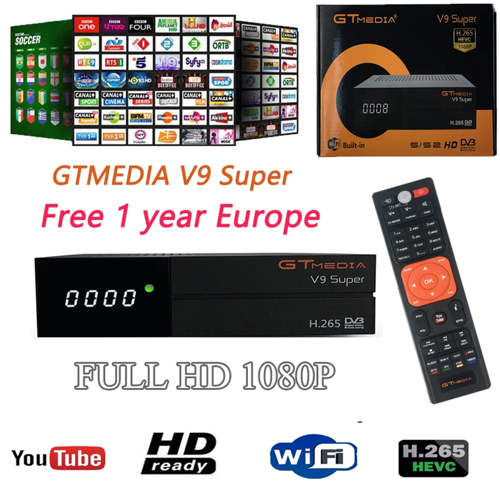Самый лучший спутниковый ресивер GTMEDIA V9 супер ТВ-цифра спутниковый телевизионный ресивер+ один год, Европейский 7-линия cccam встроенный WI-FI блок питания USB2.0 декодер