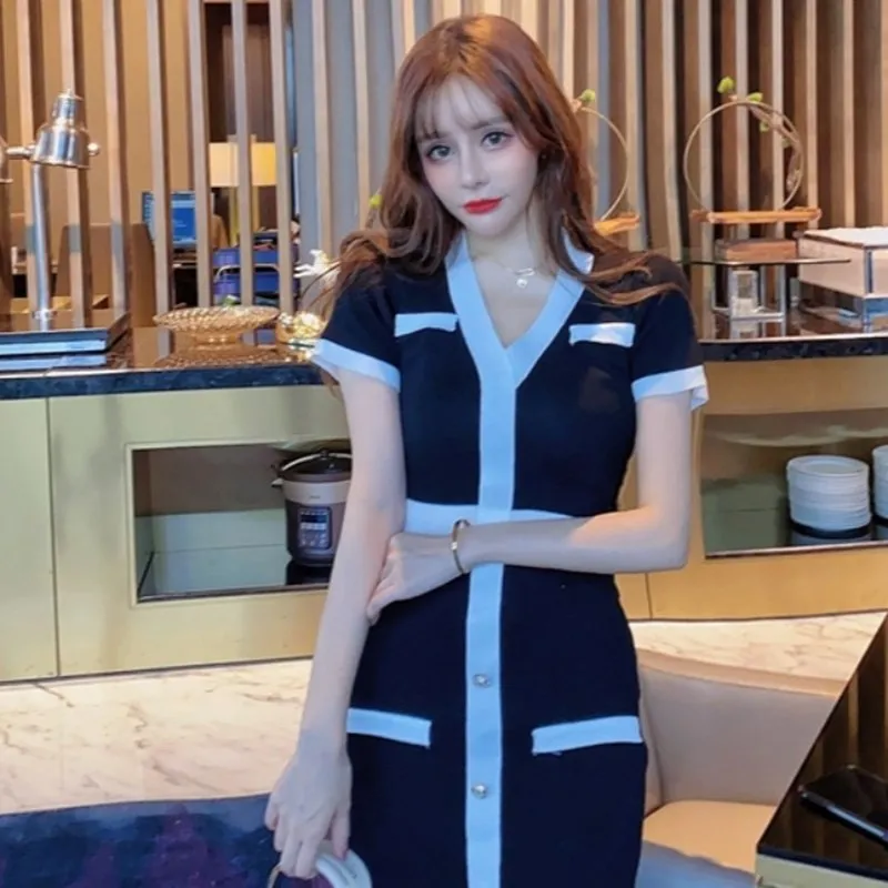 

Summer v-neck dress sexy high waist knitted dress ladies temperament stretch slim fit hip dress button