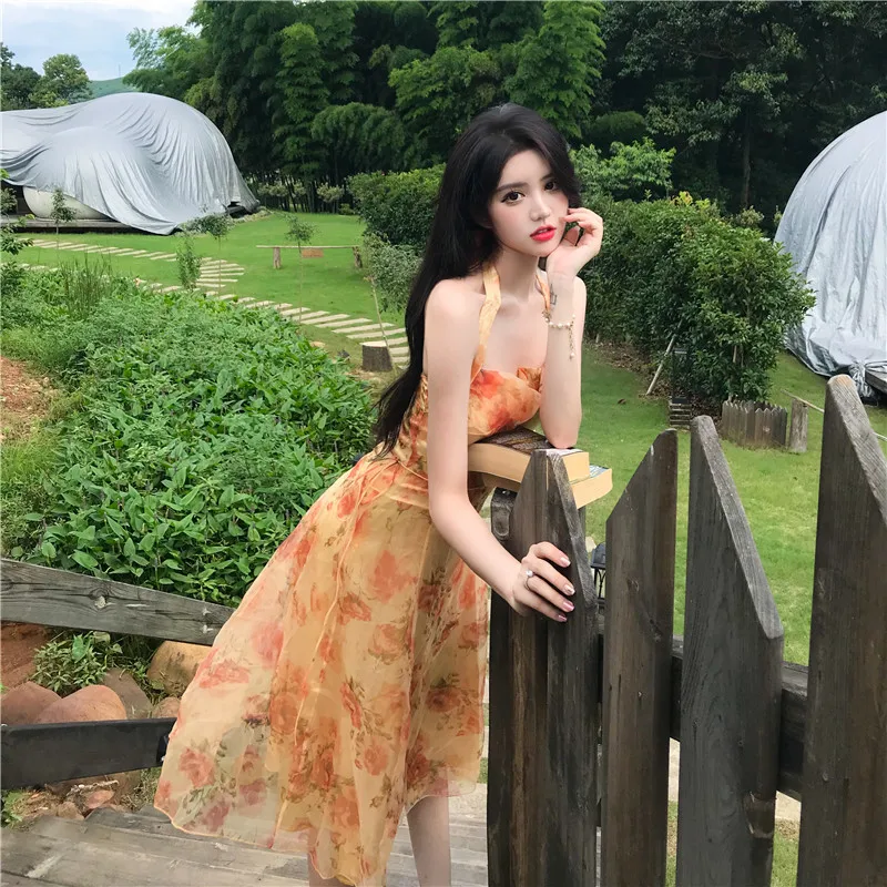 Women Midi Floral Halter Slip Dress Summer 2021 Vintage Painting Flowers Backless Casual Party Night Vacation Runway Vestidos