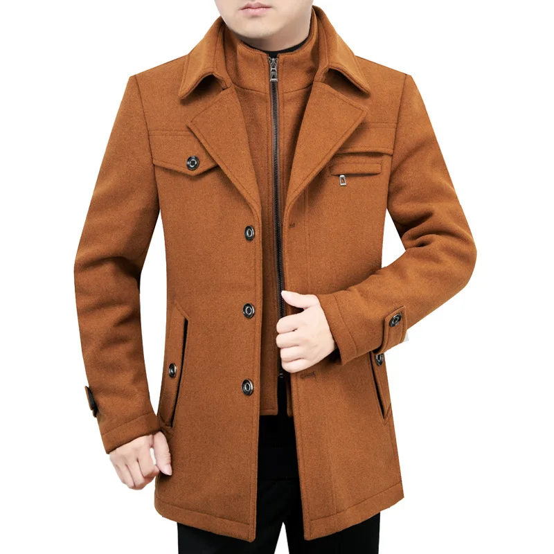 

Mens Winter Warm Jackets and Coats for Men False Two Business Coats Single Breasted Camel Coat and Beige Wool Zip Up Overcoat