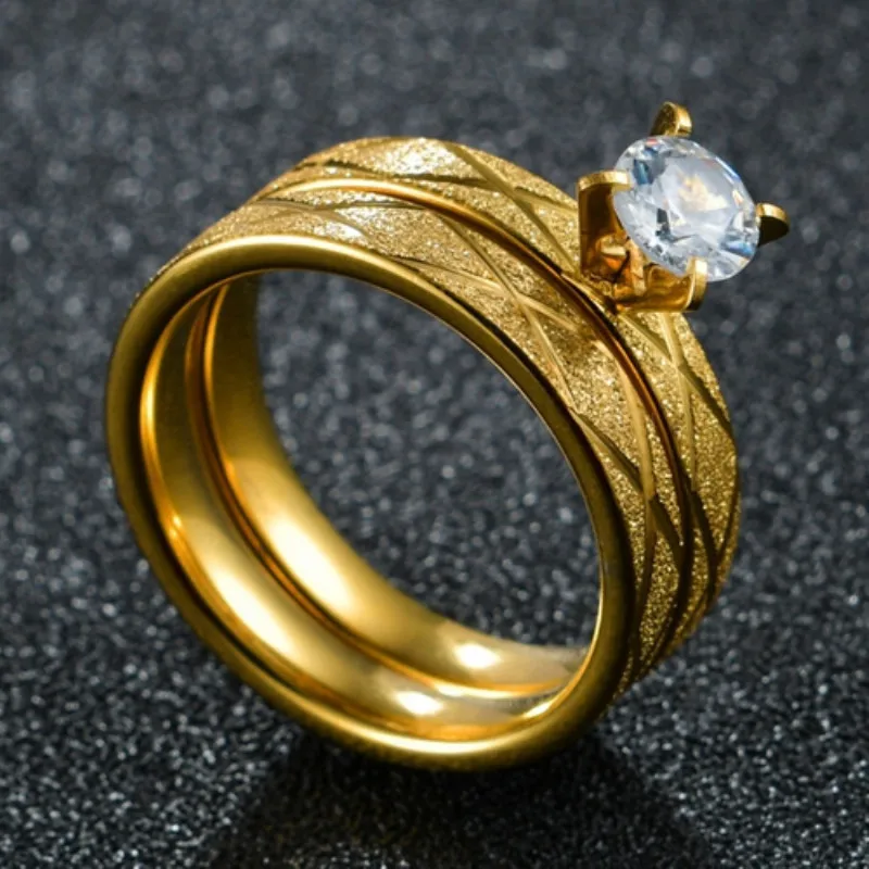 Couple Rings 6mm Stainless Steel Couple Rings Gold Color Crystal Wedding Ring for Women Men Lover Gift Femme Jewelry