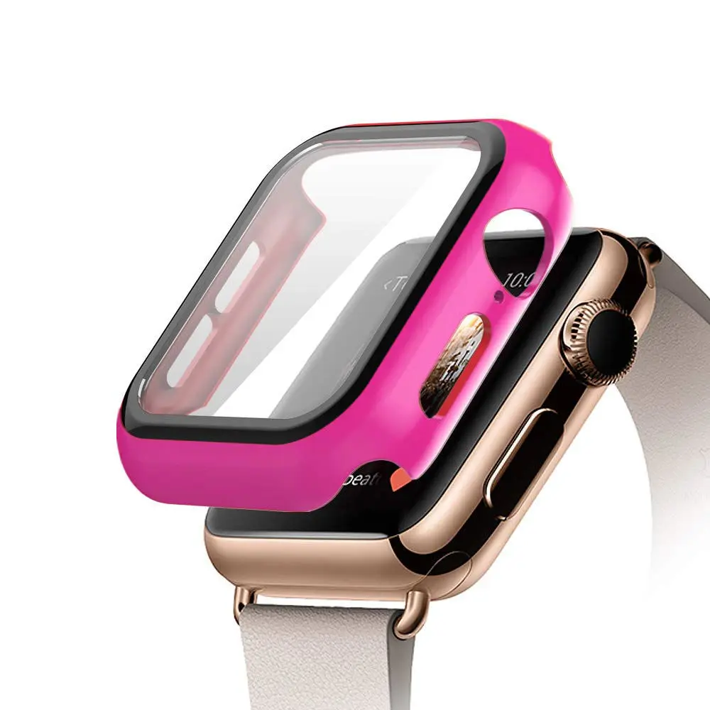 Закаленное чехол+ стекло для apple watch 5 4 44 мм 40 мм iWatch 3 2 1 42 мм 38 мм защита экрана+ чехол бампер аксессуары для apple watch - Цвет: Rose red
