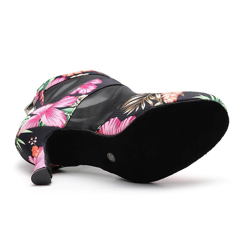 Woman Flower Print Latin Ballroom Dance Boots Woman Black High Salsa Bachata Dancing Shoes for Ladies High Heel Booties