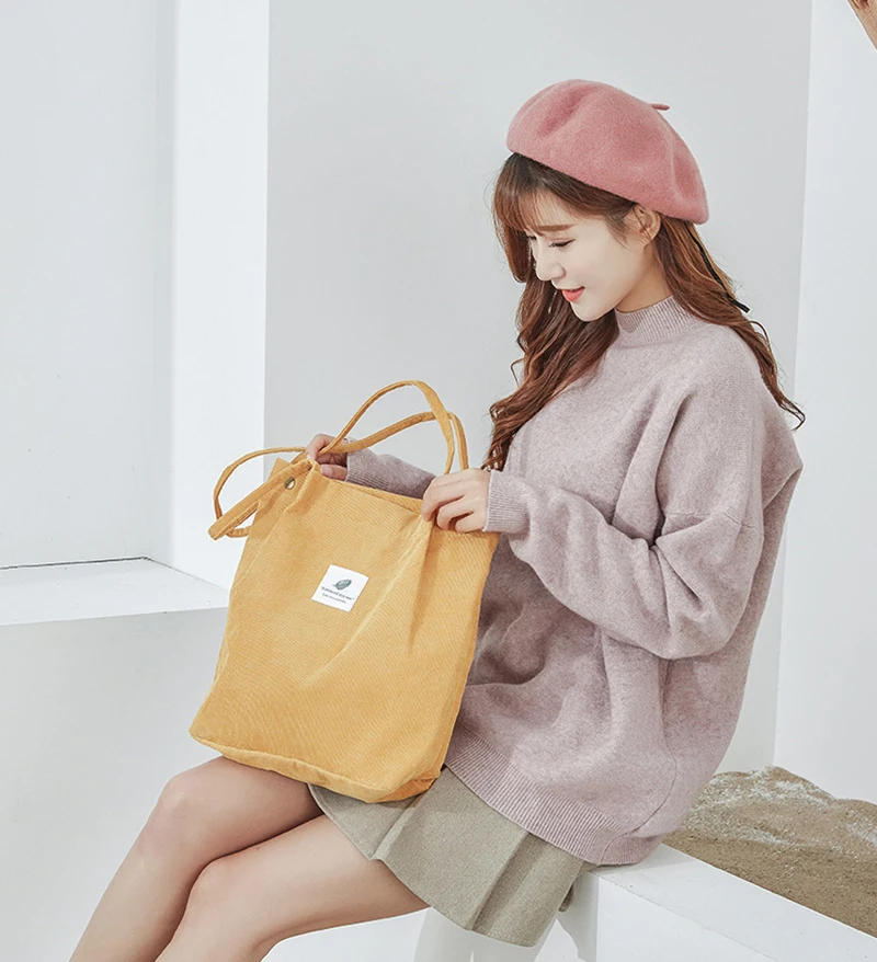 Women Corduroy Shopping Bag Female Canvas Cloth Shoulder Bag Environmental Storage Handbag Reusable Foldable Eco Grocery Totes