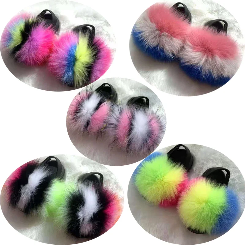 

Children Fur Slippers Baby Sandals Raccoon Fur Furry Cute Shoes Real Fox Fur Slippers Summer Kids Toddler Fur Slides With Strap
