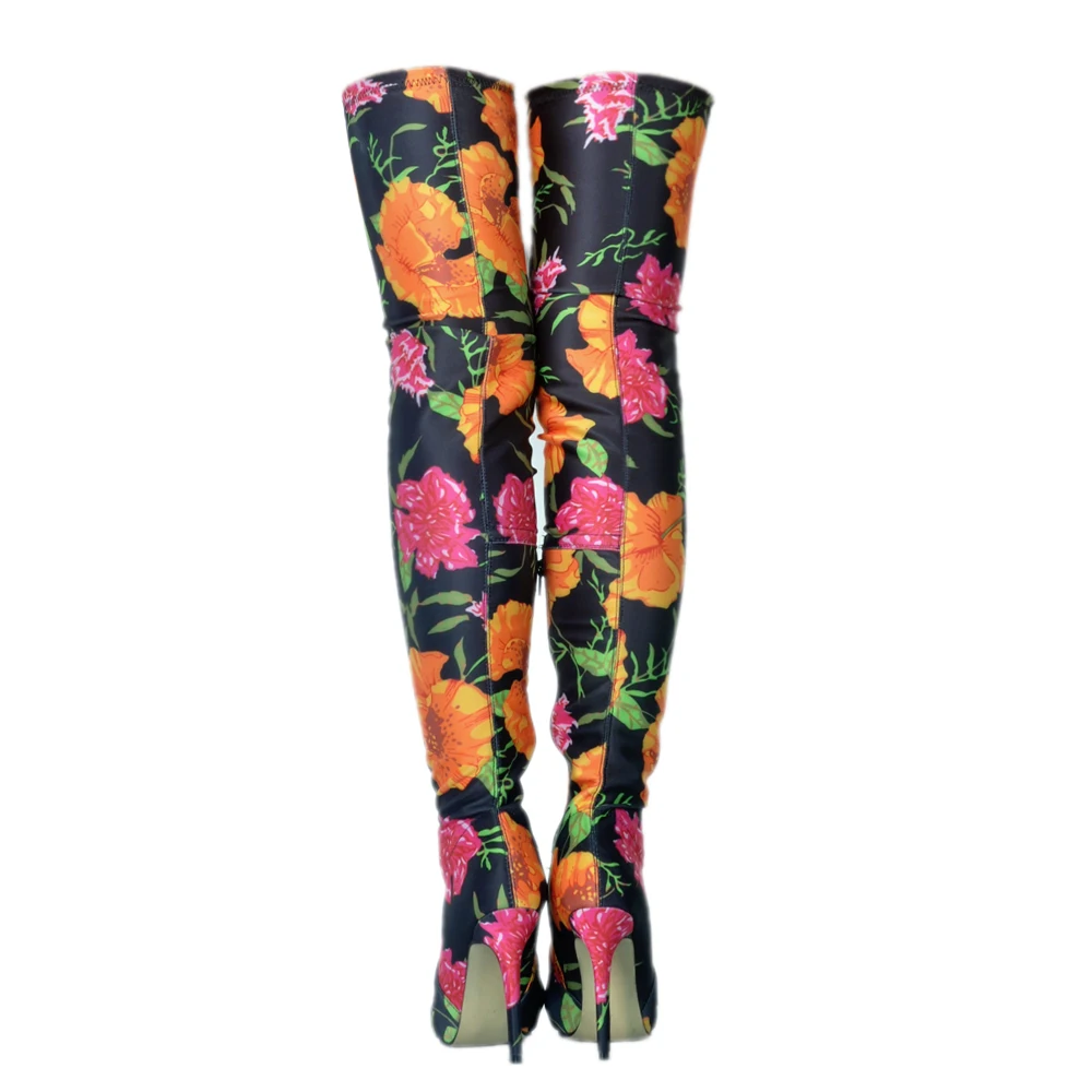 Original Intention Over the Knee High Fashion Flower Printing Boots Woman Pointed Toe Beautiful Colorful Shoes Woman Plus Size