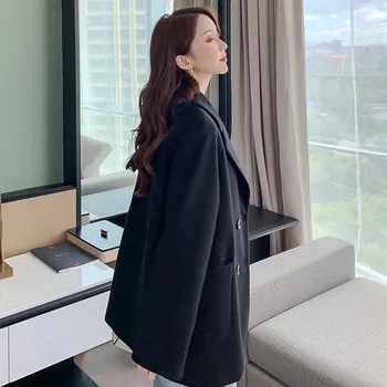 

S-2xl Double-breasted Womens Wool Coats Autumn Winter Jackets Slim Woolen Cardigan Black Jacket Elegant Blend Women