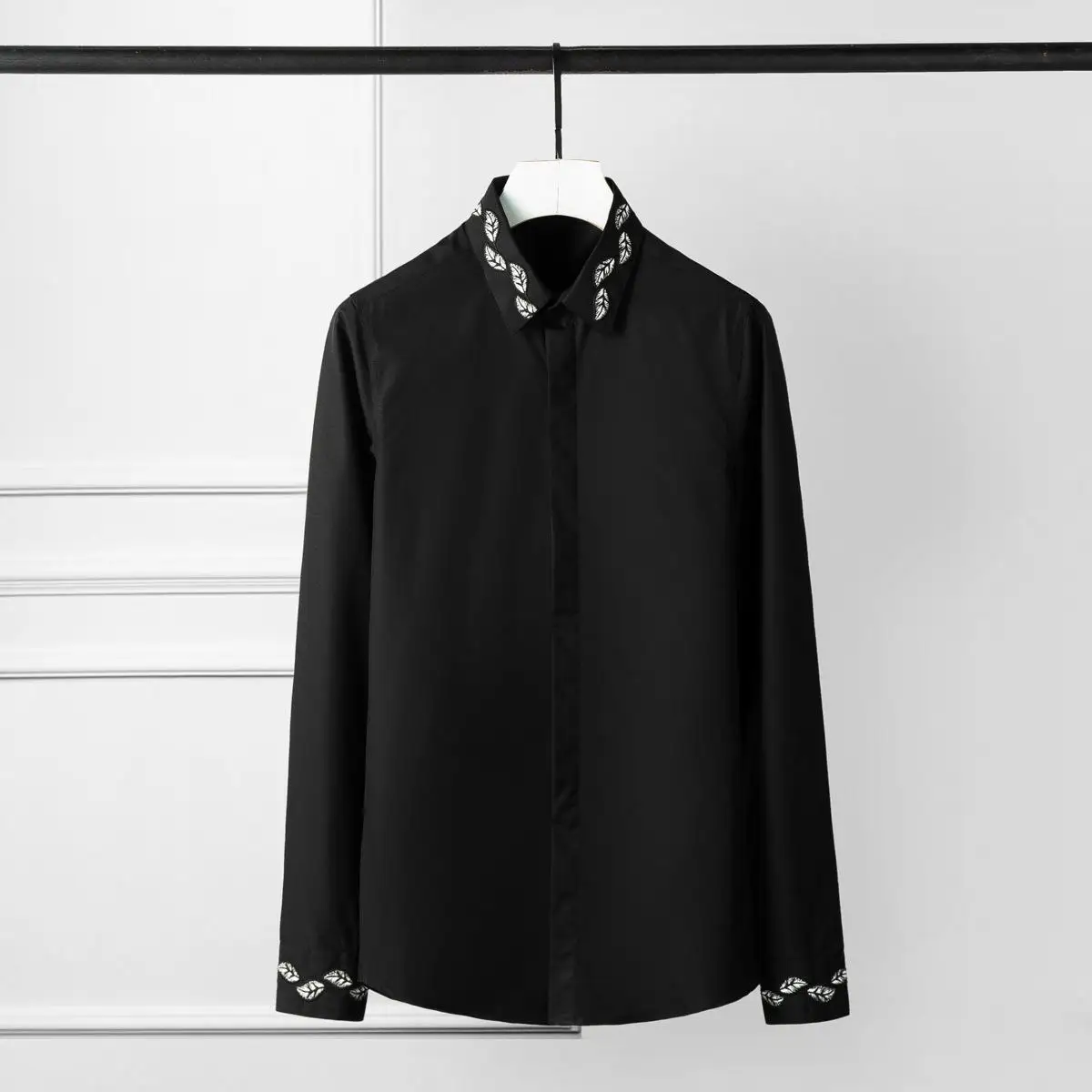 Minglu мужские рубашки Роскошные Листья Вышивка с длинным рукавом мужские рубашки черные белые приталенные рубашки мужской большой размер повседневные рубашки - Цвет: BLACK