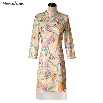 

Herudoan Autumn Gorgeous Vintage Dress Women Stand collar Luxury Bead Sequins Print Fashion Designer Ladies Slim Mesh Mini Dress