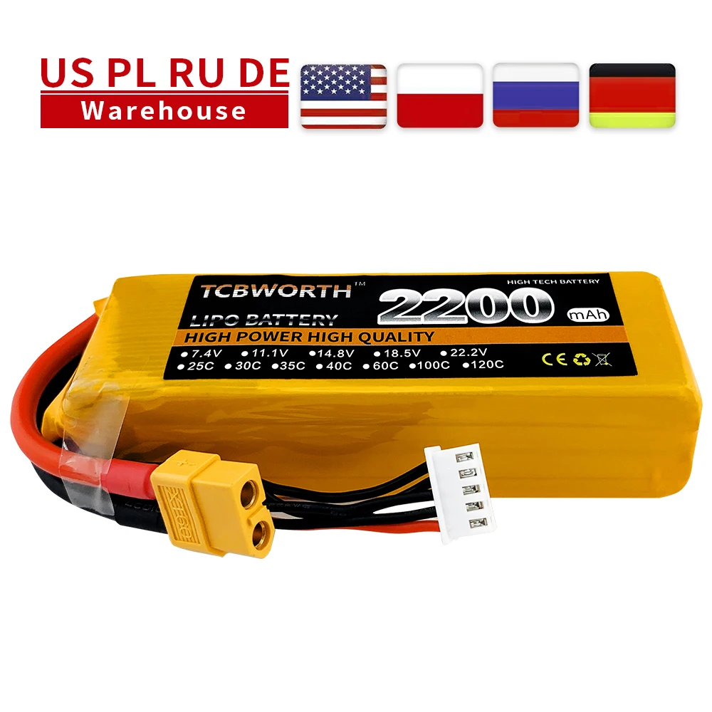 

TCBWORTH Batteries 4S 14.8V 2200mAh 25C 35C 60C RC Toys LiPo Battery For RC Airplane Helicopter Quadrotor Drone Car Boat 4S LiPo