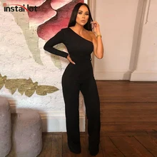 InstaHot Solid One Shoulder Jumpsuit Long Sleeve Slim Wide Leg Pants Autumn Elegant Casual Office Ladies Playsuit 2019 Fashion