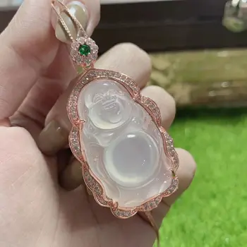 

Natural Buddha White Jade Pendant with Rose in Sterling Silver